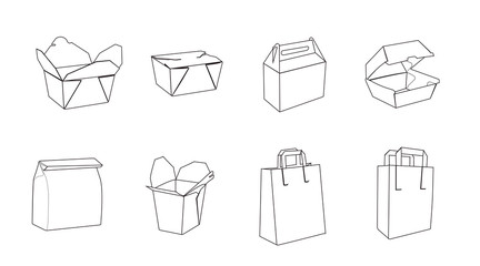 Vector Isolated Set of Different Paper Bags or Take Away Boxes in black and white