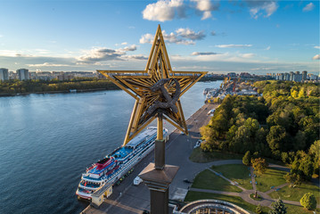 An aerial view shows a star with hummer and sickle on top of North River Terminal or Rechnoy Vokzal in Moscow, Russia