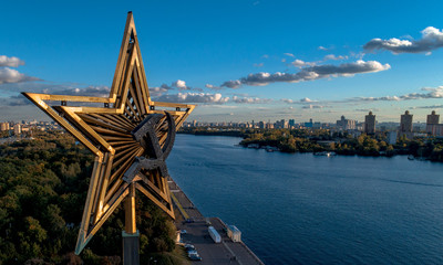 An aerial view shows a star with hummer and sickle on top of North River Terminal or Rechnoy Vokzal in Moscow, Russia