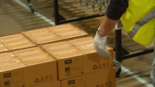 Worker stacks Packages in a Warehouse 