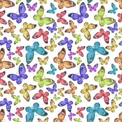 Butterflies, insects. Seamless pattern. Print, textile, background. Nature, animals. Hand-drawn watercolor illustration. Vintage, retro style, realism.