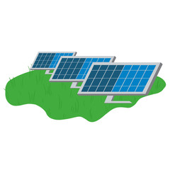 Array of solar cell panels on green field. Solar power plant illustration. Photovoltaic solar power panels, alternative power energy concept.