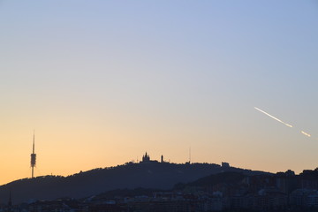 Sunset silhouette over Mount Tibidabo, Barcelona