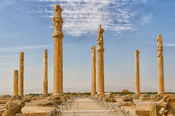 Ruins of Apadana and Tachara Palace behind stairway with bas relief carvings in Persepolis UNESCO...