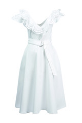 White summer cotton long women's sundress with lace and belt, isolated on a white background on an invisible mannequin.