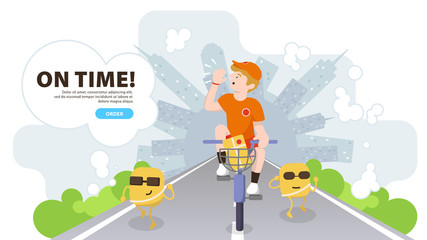 Goods Delivery Illustration of Online Consumer Order. Courier on Bicycle Delivering with Funny Emoticons. Landing Page Concept of Express Delivery Service. Flat Vector Illustration. EPS 10
