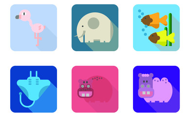 Logo set of animals from zoo and aquarium,flamingo,elephant,fish,manta ray,hippopotamus,camel