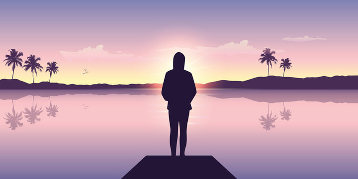 lonely girl by the ocean at sunset with mountain and palm tree view vector illustration EPS10