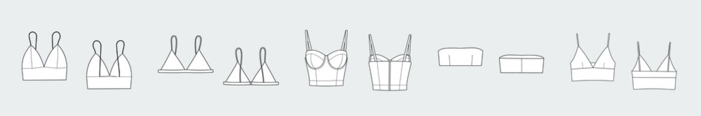 Lingerie bra female vector template set isolated on a grey background. Front and back view. Outline fashion technical sketch of clothes model.