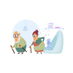 Husband and wife are pensioners. Illustration flat design, older people with a dog.