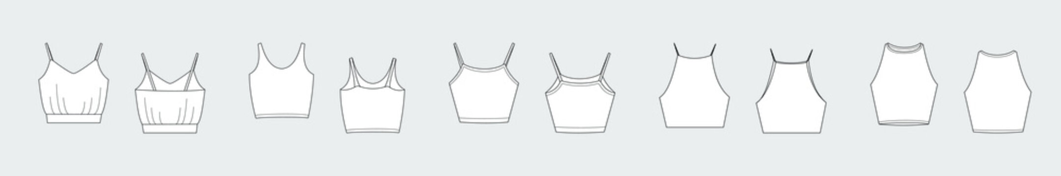 Female crop top female vector template set isolated on a grey background. Front and back view. Outline fashion technical sketch of clothes model.