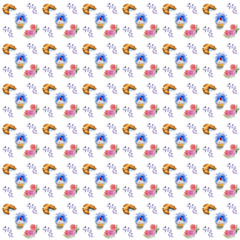 seamless pattern with flowers and biscuit on white background