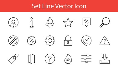 Set of Interface Related Vector Line Icons. Contains such Icons as User, Search, Info, Star, Bell, Door, Settings, Lock, Alert, Gear and more. Editable Stroke. 32x32 Pixels