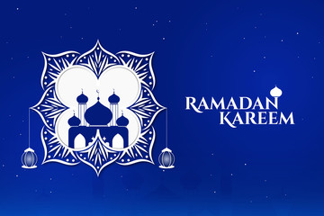 White background design in blue Ramadan Mubarak