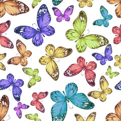 Fototapeta na wymiar Seamless pattern. Butterflies, insects. Hand-drawn watercolor illustration. Wildlife, forest. Vintage, retro style, sketch. Greeting card, print, textile.
