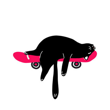 recommend clip art: A black lazy cat is lying with its paws dangling on a pink skateboard. Vector illustration in a hand-drawn style.Suitable for stickers, stickers, t-shirt design. Isolated on a white background.