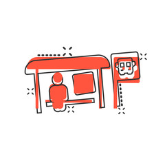 Bus station icon in comic style. Auto stop cartoon vector illustration on white isolated background. Autobus vehicle splash effect business concept.