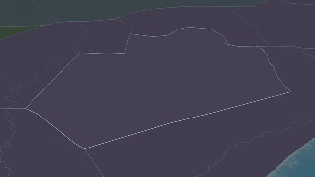 Bay, region with its capital, zoomed and extruded on the administrative map of Somalia in the conformal Stereographic projection. Animation 3D