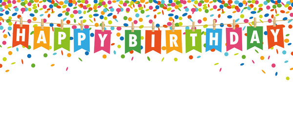 happy birthday party flags banner with confetti rain isolated on white background vector illustration EPS10