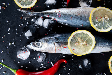 Obraz na płótnie Canvas raw mackerel fish, ice cubes, lemon slices, spices, red chili pepper, salt on a black