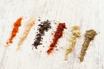 herbs and spices on the white background. 