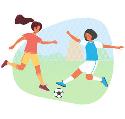 Obraz premium Teenage girls playing soccer with a ball - vector stock illustration. Young players in sportswear flat cartoon character - young women in sports uniform practice football game