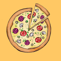 Pizza illustration with tomatoes, mushrooms and pepperoni.