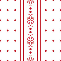Decorative red ornament in vertical strips, small red circles in a row. Seamless abstract pattern. White background. Elegant design for fashion art, textile, wallpaper, wrapping paper. Vector EPS10