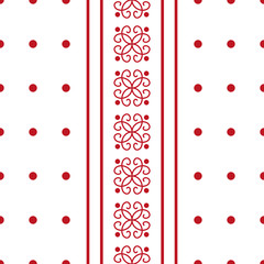 Floral red ornament, vertical strips, small red circles in a row. Seamless abstract pattern. White background. Elegant vintage design for fashion art, textile, wallpaper, wrapping paper. Vector EPS10