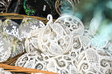 Christmas decorations on the market in Vienna.Golden balls, bulbs, bubbles,decorations and ornaments