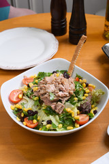 mixed salad with fish, tomatoes, lettuce, cucumber, red pepper, ready to serve