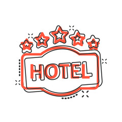 Hotel 5 stars sign icon in comic style. Inn cartoon vector illustration on white isolated background. Hostel room information splash effect business concept.