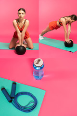 collage of young woman in sportswear exercising with balls near skipping rope and sports bottle on pink