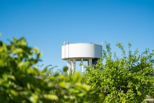 Distant white painted water tower seen through dense orchard apple trees in a rural location. Newly fitted 5G antennas are visible on the top of the tower.
