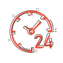 Clock 24/7 icon in comic style. Watch cartoon vector illustration on white isolated background. Timer splash effect business concept.