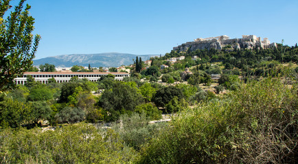 Fototapeta na wymiar Panoramic view of Stoa Attalos with Acropolis in the background, Athens, Greece