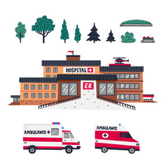 Hospital. Emergency department of hospital - main building with two ambulance cars and elements for creating composition. Healthcare and medicine. Flat style vector illustration on white background.