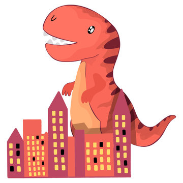 Little cute dinosaur destroys the city. Vector illustration for baby clothes.