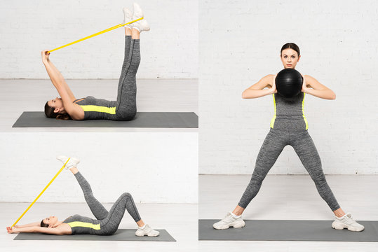 collage of athletic woman in sportswear working out with black ball and resistance bands