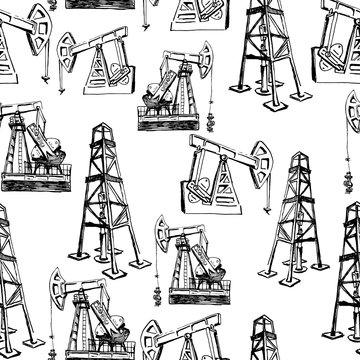 derrick and pump jack. oil industry. seamless hand drawn ink sketches. black and white