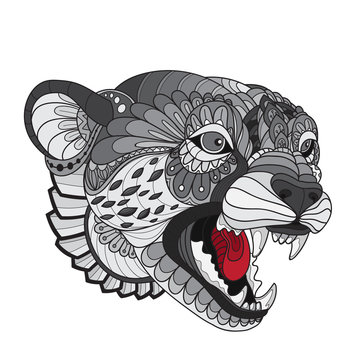 Zentangle stylized red bear head-vector illustrations