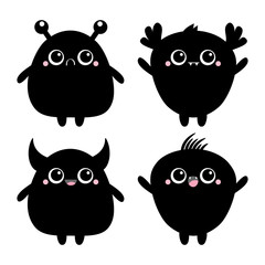 Happy Halloween. Monster black silhouette. Baby icon set. Cute cartoon kawaii scary funny character. Eyes, tooth fang, tongue, hands up. White background. Isolated. Flat design.