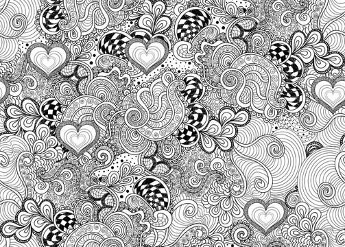 Beautiful vector seamless pattern with decorative ornament, lines and hearts