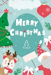 Fototapeta na wymiar Christmas card with Santa, Christmas tree and deer,vector illustration