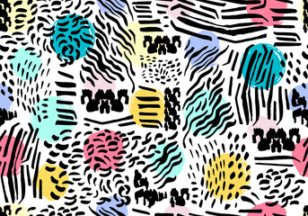 Abstract seamless pattern with hand drawn textures. Vector background.