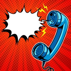 Retro phone handset and angry speech bubble on red background. Pop art vector comic illustration.