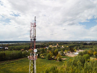Obraz premium Aerial view of 4G and 5G GSM telecommunications tower