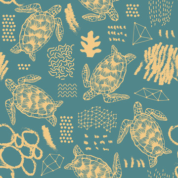 Seamless pattern with sea turtles.