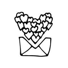 handwritten vector love letter letting out a cloud of hearts on a white background. envelope with hearts