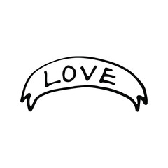 handwritten vector festive flying ribbon with the word love on a white background.sign ribbon romance